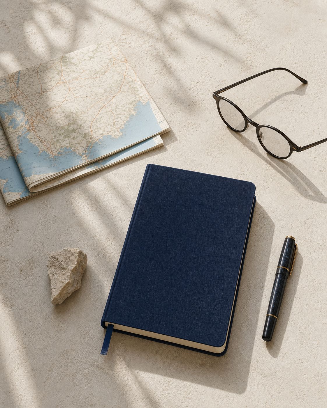 A navy notebook, a folded map, glasses, and a pen on pale stone