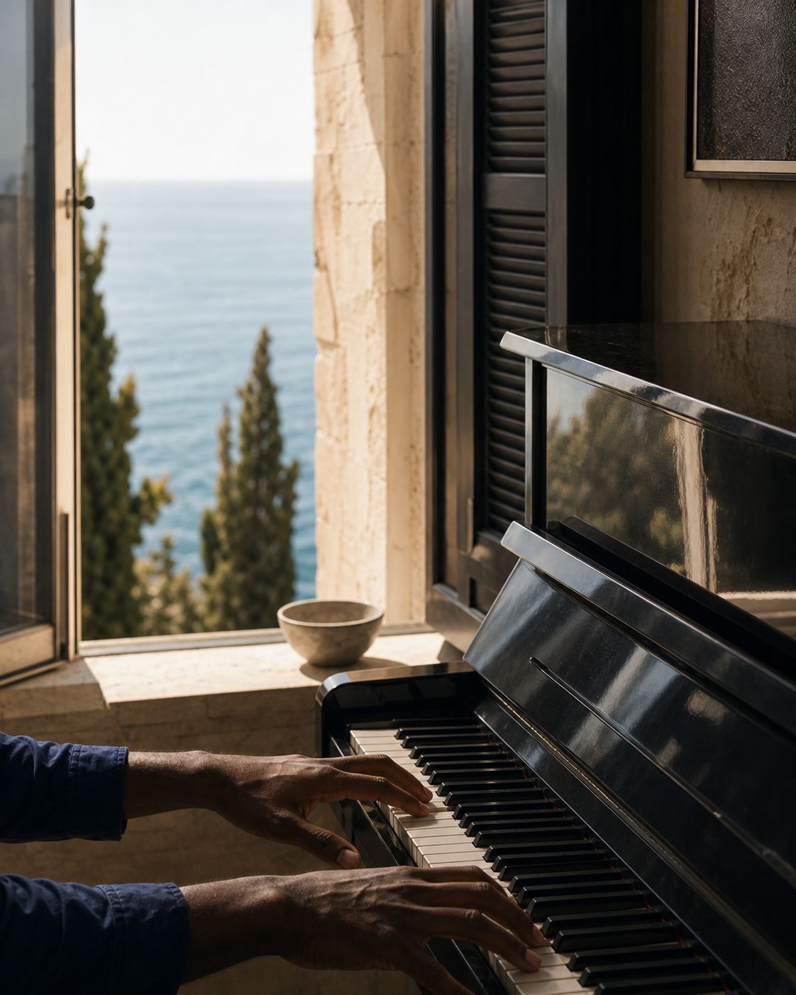 Hands at an upright piano beside a window open to the sea