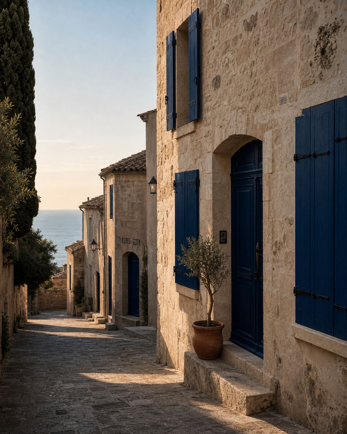 A limestone village lane with blue shutters leading down to the sea